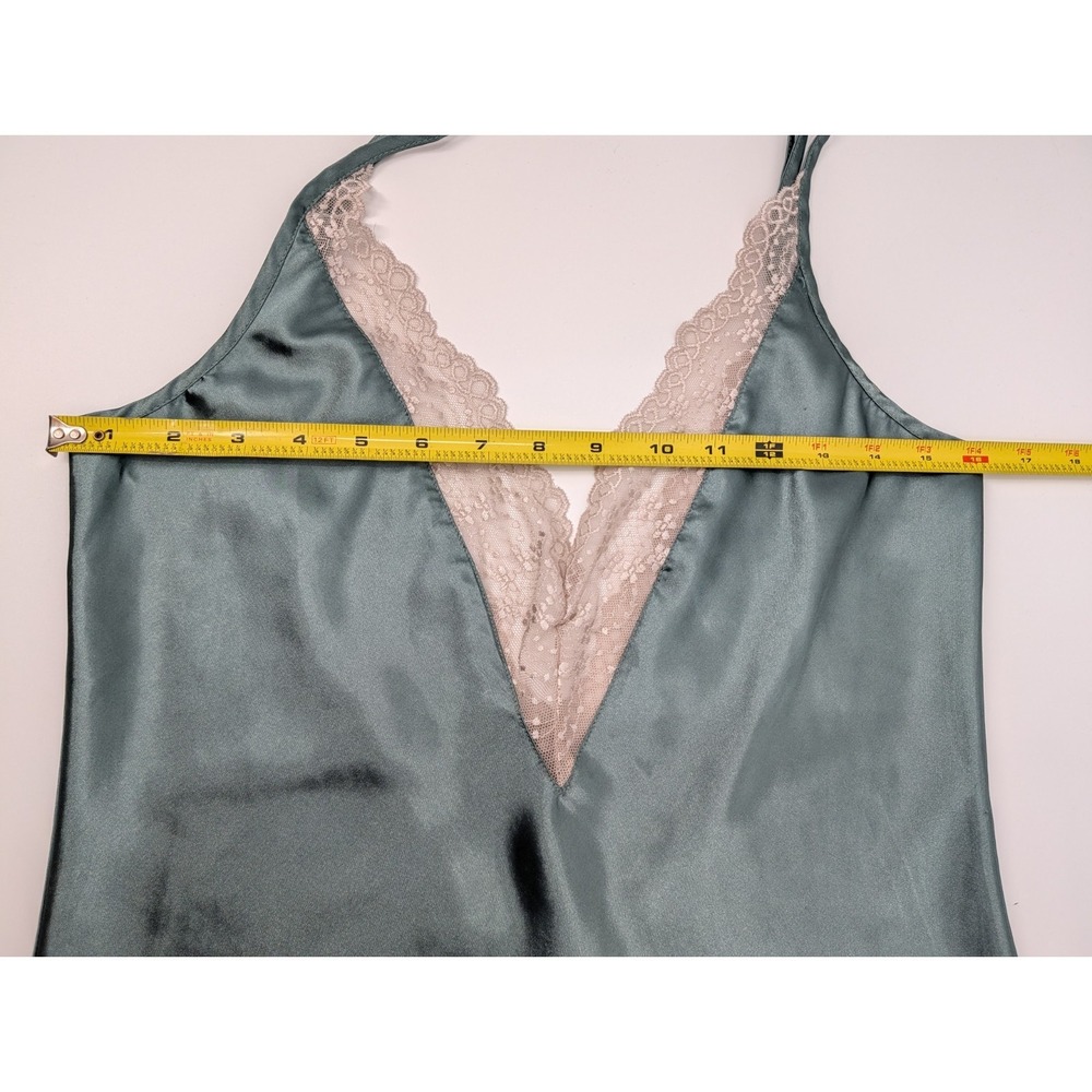 Green Satin & Cream Lace Mini Dress Size M Deep V Neck Slip Sleepwear Romantic - Picture 6 of 9